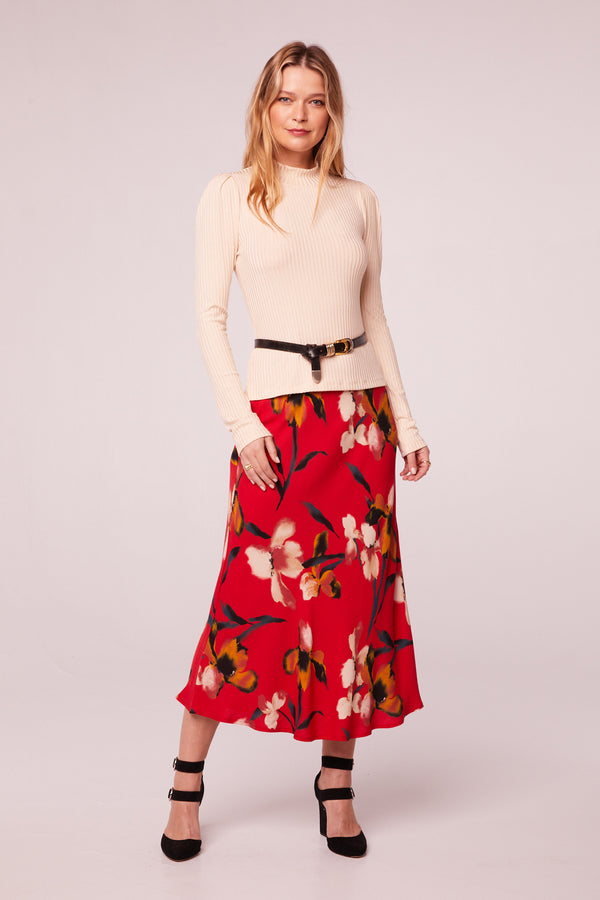 Heart Beat Red Floral Midi Skirt