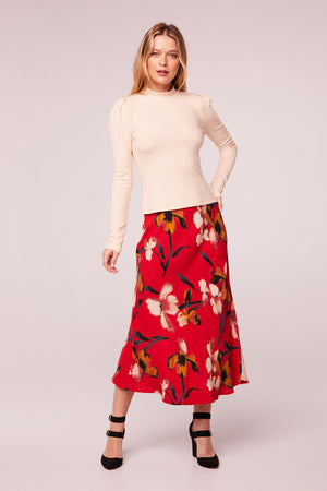Heart Beat Red Floral Midi Skirt