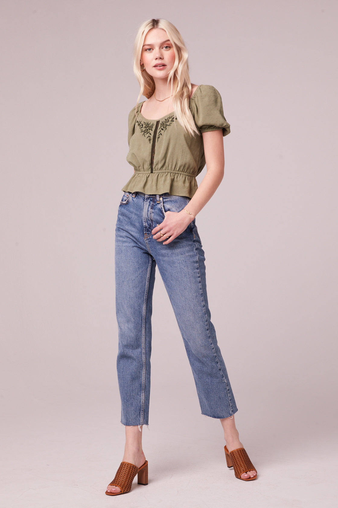 Imola Moss Embroidered Puff Sleeve Top Front