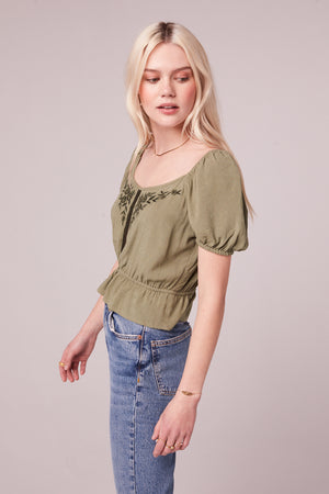 Imola Moss Embroidered Puff Sleeve Top Side