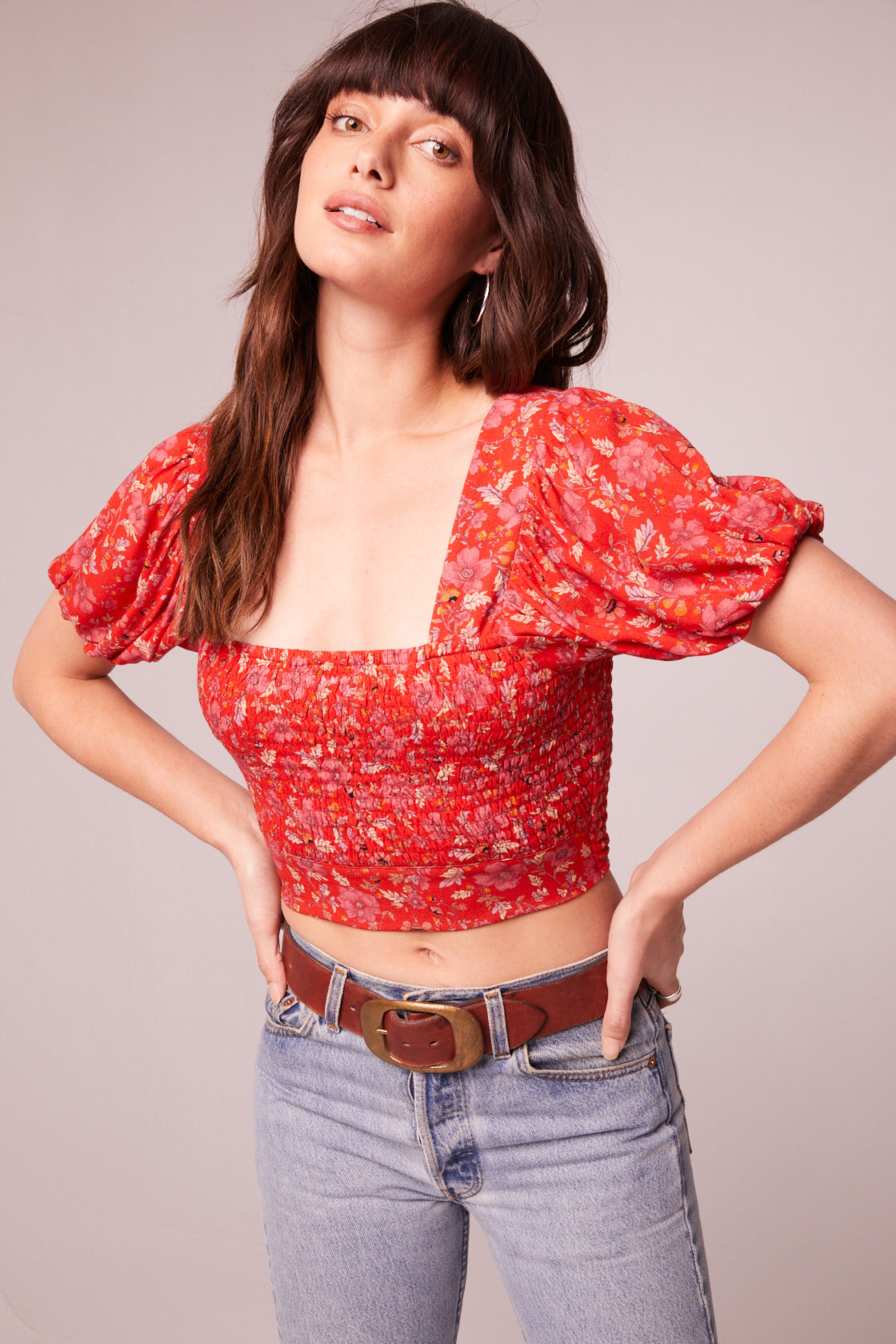 Joelle Crimson Floral Smocked Top