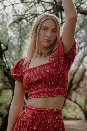 Joelle Crimson Floral Smocked Top