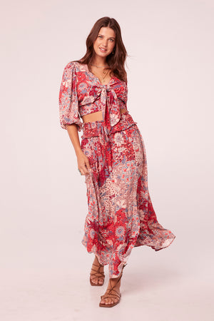 Kaira Coral Paisley Smocked Waist Maxi Skirt