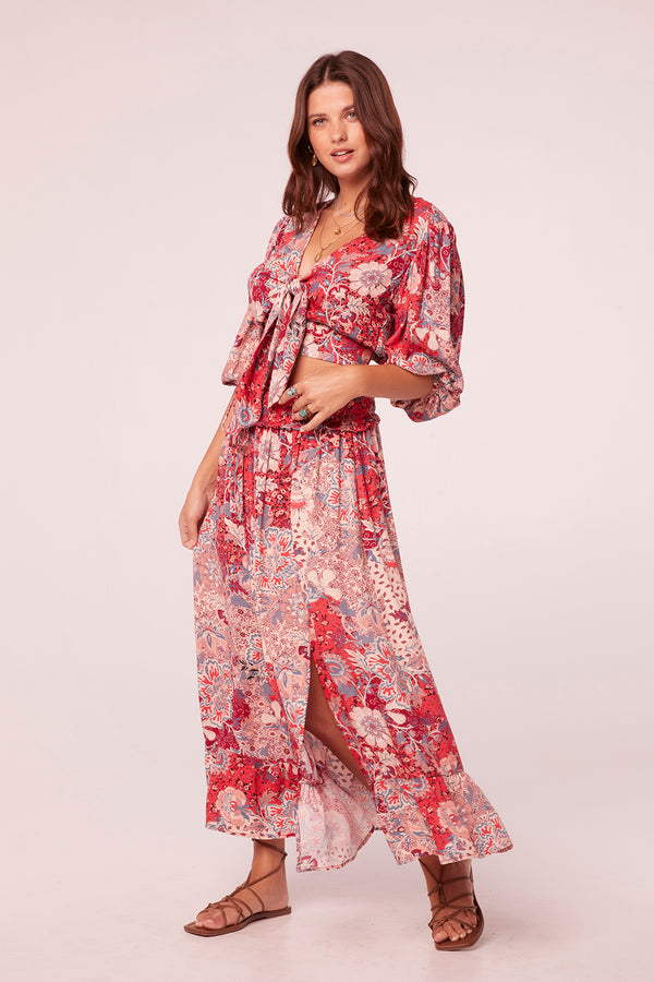Kaira Coral Paisley Smocked Waist Maxi Skirt
