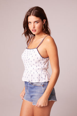 Legacy White and Navy Dot Peplum Top