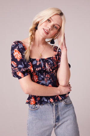 Leon Navy Floral Smocked Bodice Top Front