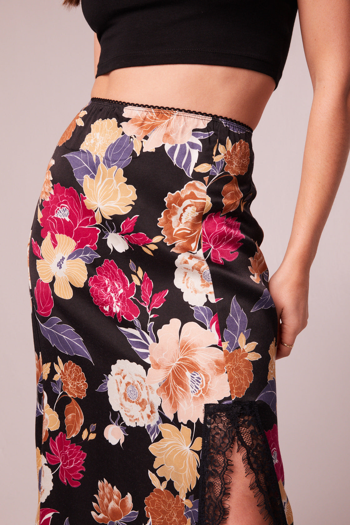 Lilou Black Floral Lace Slip Midi Skirt