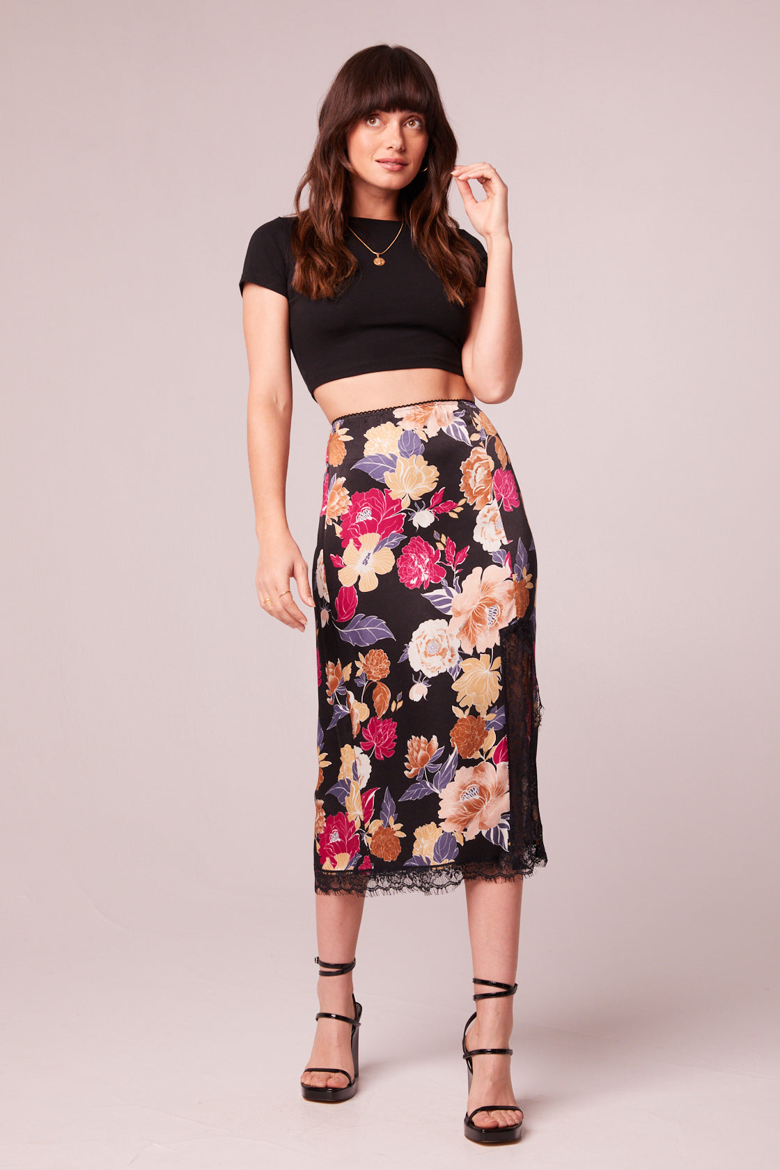 Lilou Black Floral Lace Slip Midi Skirt