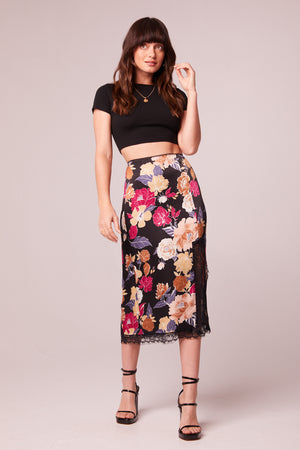 Lilou Black Floral Lace Slip Midi Skirt