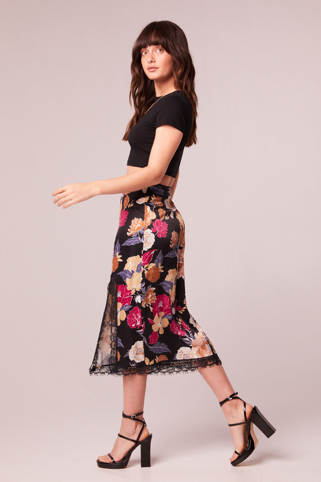 Lilou Black Floral Lace Slip Midi Skirt
