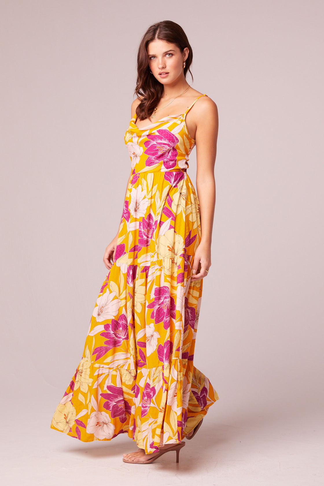 Lovescape Gold Floral Cowl Neck Maxi Dress