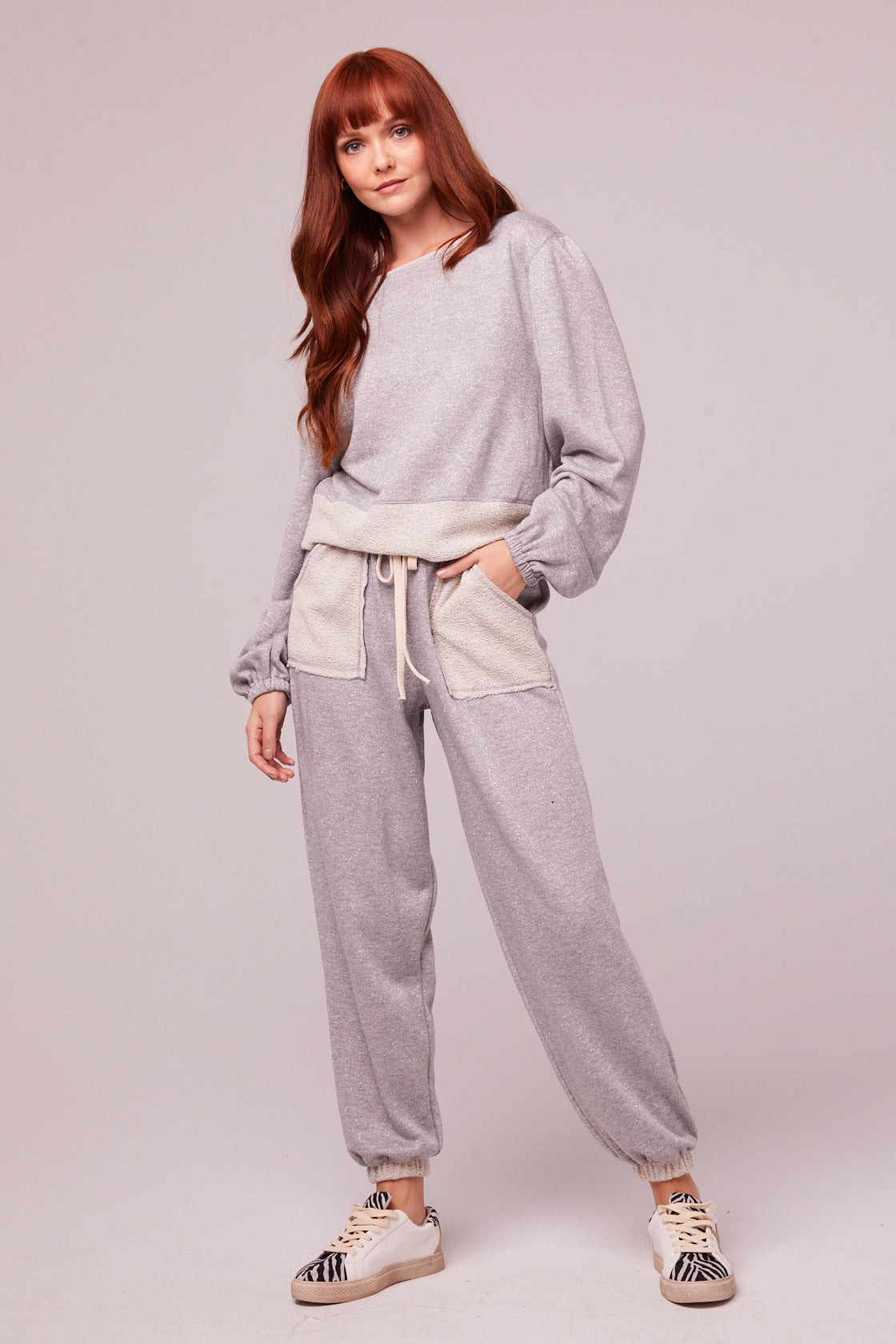 Loy Heather Gray Shimmer Joggers Detail