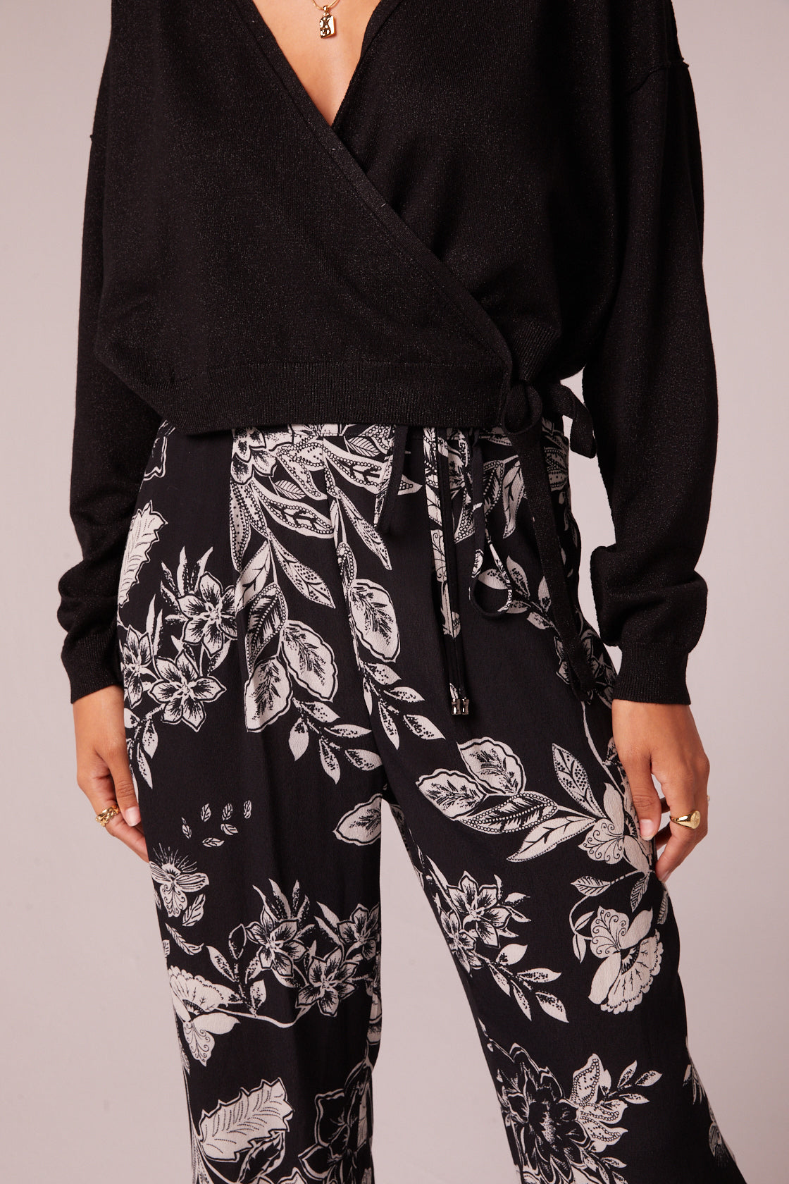 Lynx Black Floral High Waisted Pants Detail