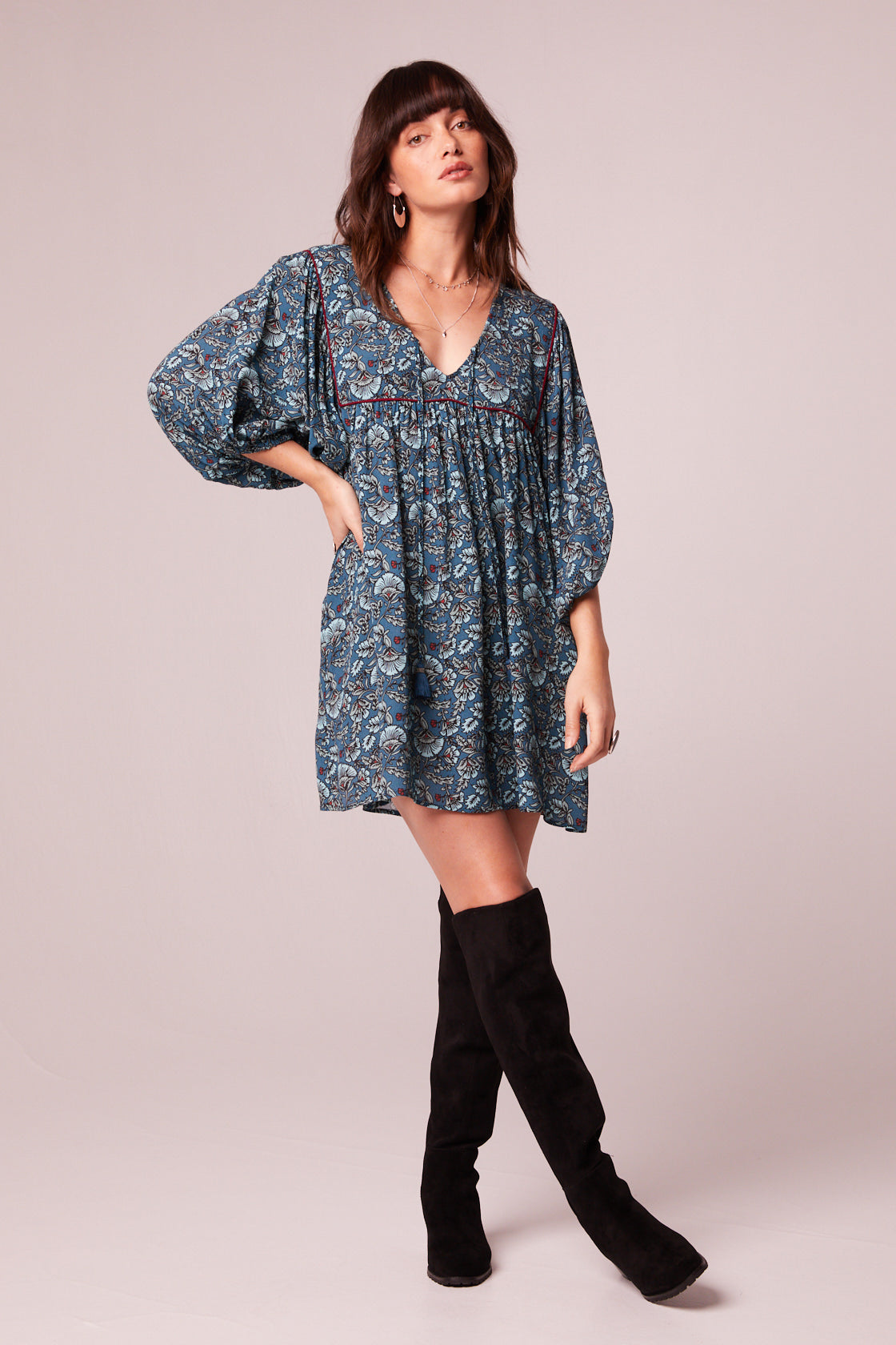 Mallory Teal Floral Babydoll Mini Dress