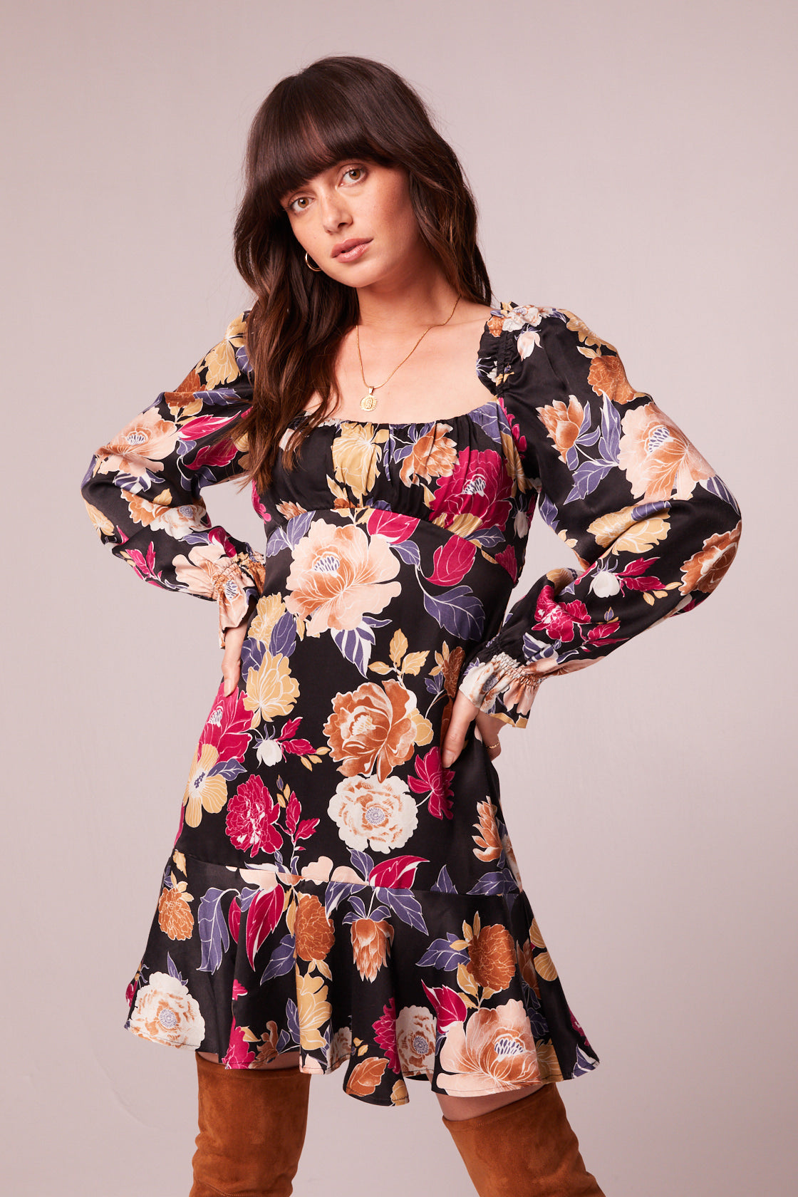 Marguerite Black Floral Long Sleeve Mini Dress