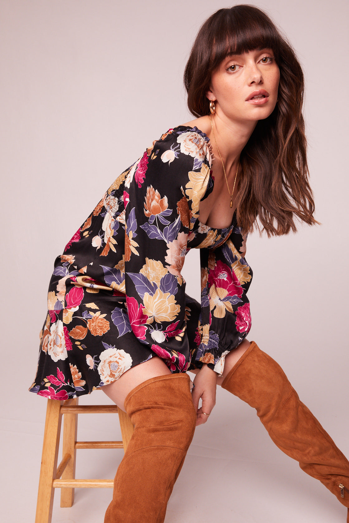 Marguerite Black Floral Long Sleeve Mini Dress