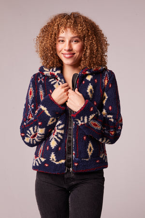 Melrose Navy Vegan Shearling Printed Jacket Front