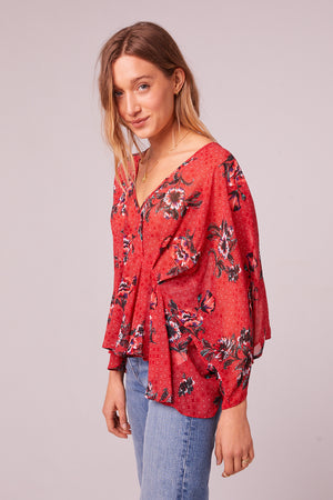 Mendocino Red Floral Batwing Sleeve Top Front