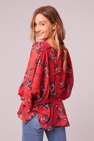 Mendocino Red Floral Batwing Sleeve Top Side