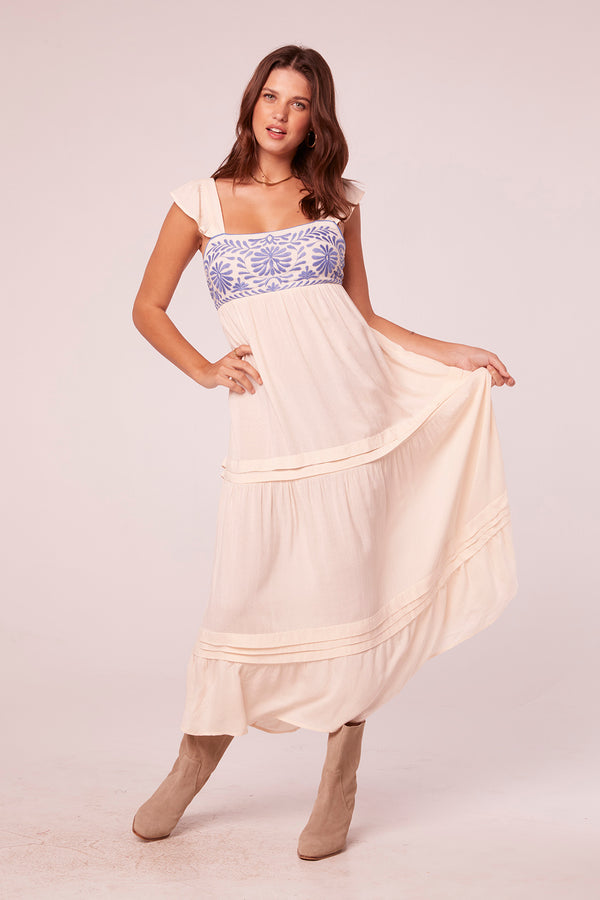 Navya Ecru and Blue Embroidered Maxi Dress