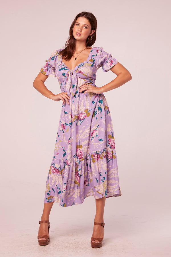 Niesha Lavender Floral Tie Front Midi Dress