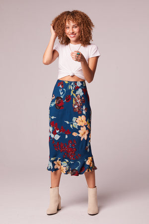 Pisa Teal Floral Ruffle Slip Skirt