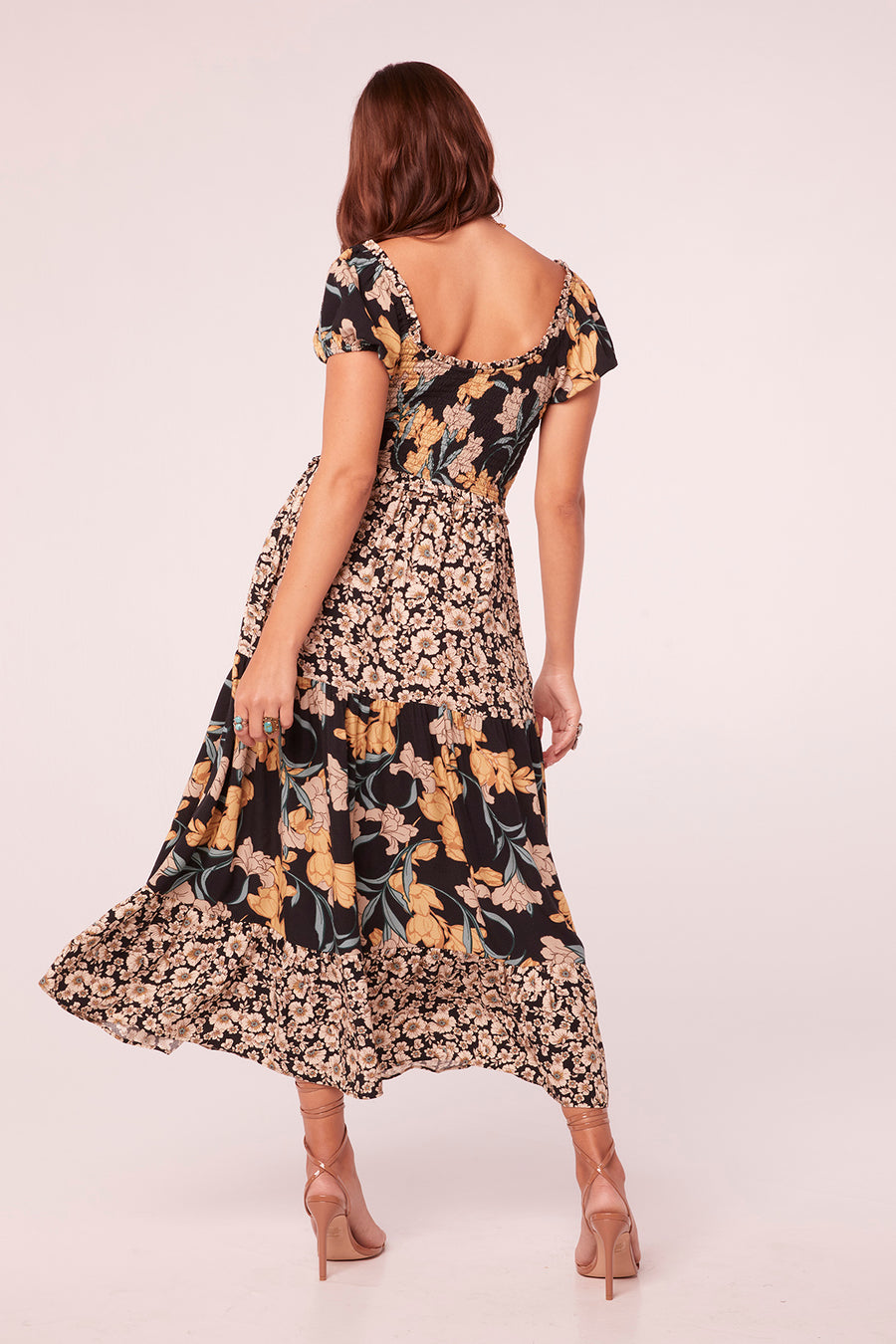 Prita Black Mixed Floral Smocked Maxi Dress