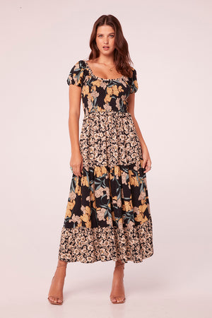 Prita Black Mixed Floral Smocked Maxi Dress