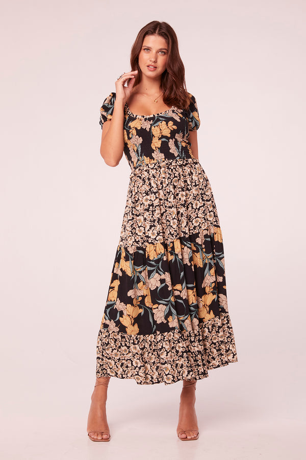Prita Black Mixed Floral Smocked Maxi Dress