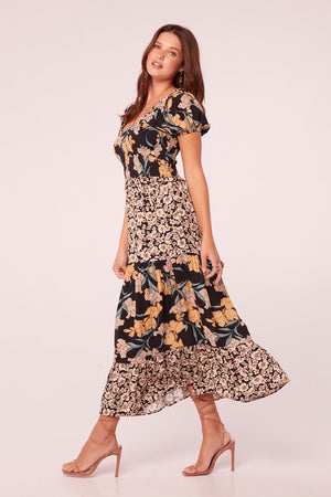 Prita Black Mixed Floral Smocked Maxi Dress