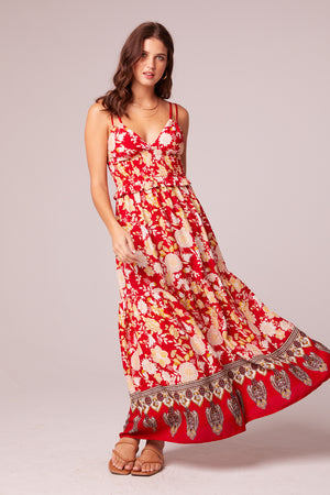 Reflections Red Floral Smocked Waist Maxi Dress