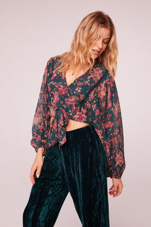 River Deep Pine Paisley Tie Front Crop Top