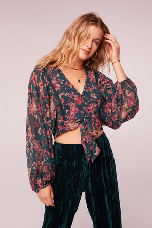 River Deep Pine Paisley Tie Front Crop Top