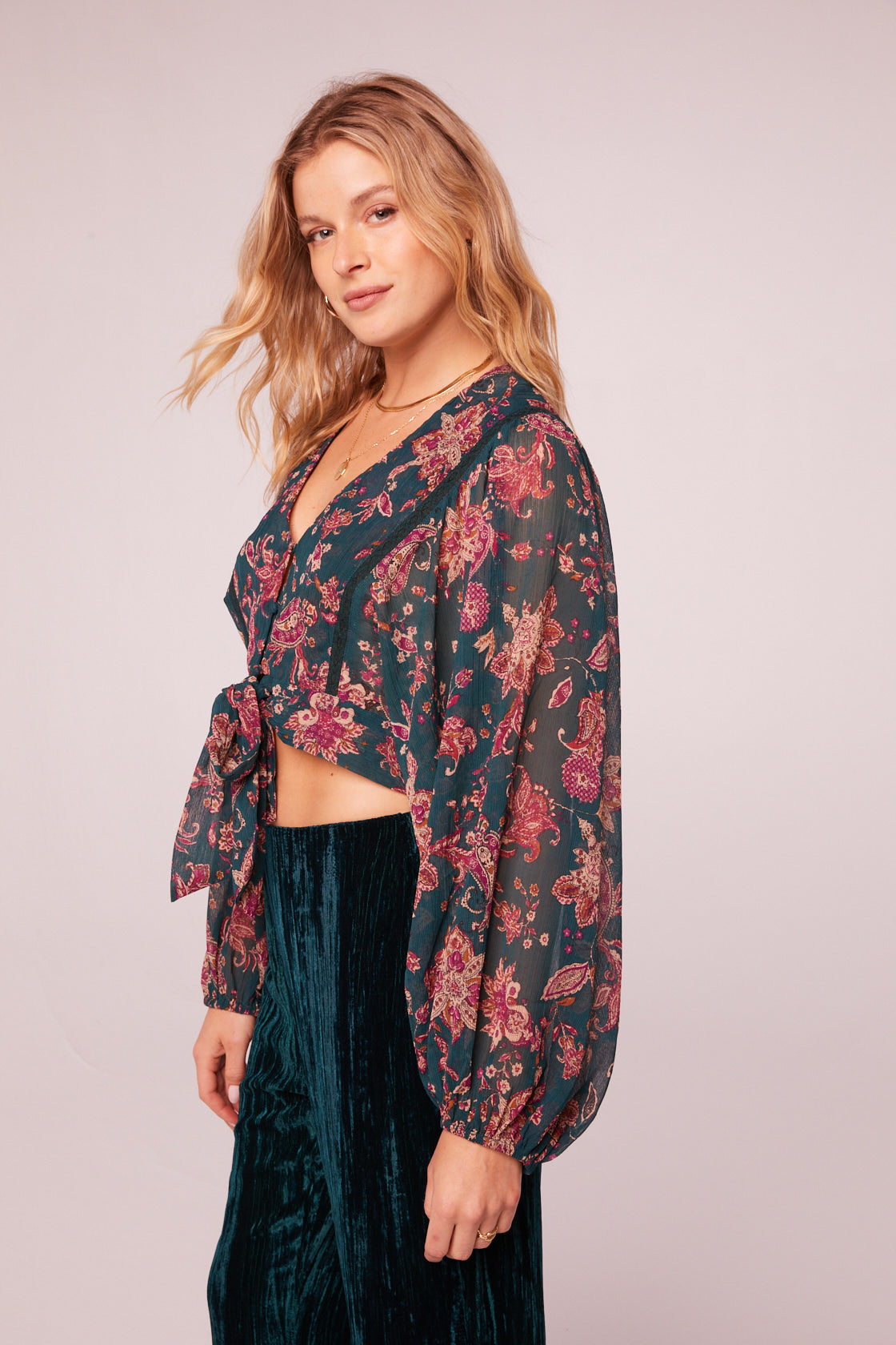 River Deep Pine Paisley Tie Front Crop Top