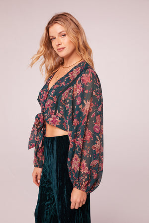 River Deep Pine Paisley Tie Front Crop Top