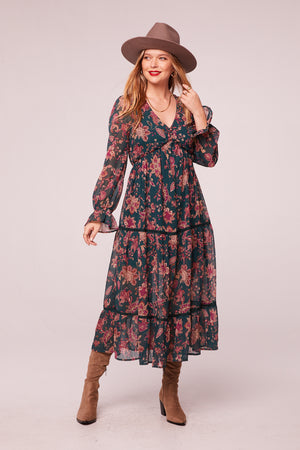 Run the World Pine Paisley Empire Waist Midi Dress