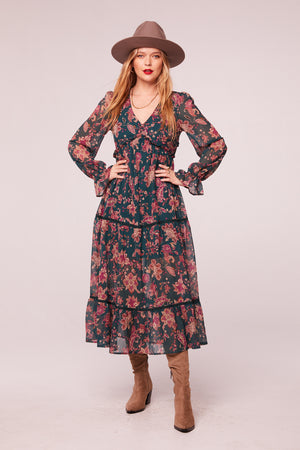 Run the World Pine Paisley Empire Waist Midi Dress