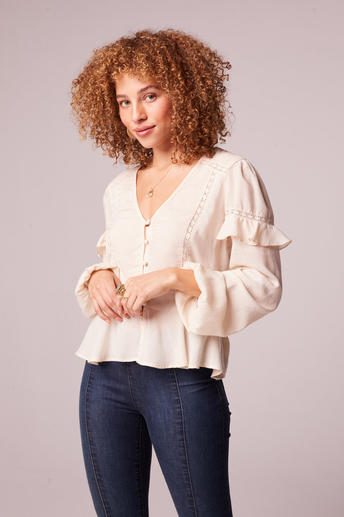 Sandy Cream Ruffle Long Sleeve Top Detail