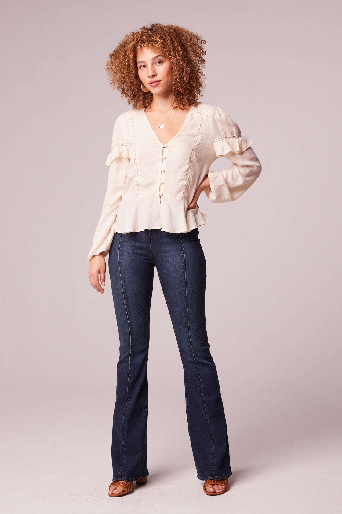 Sandy Cream Ruffle Long Sleeve Top Front