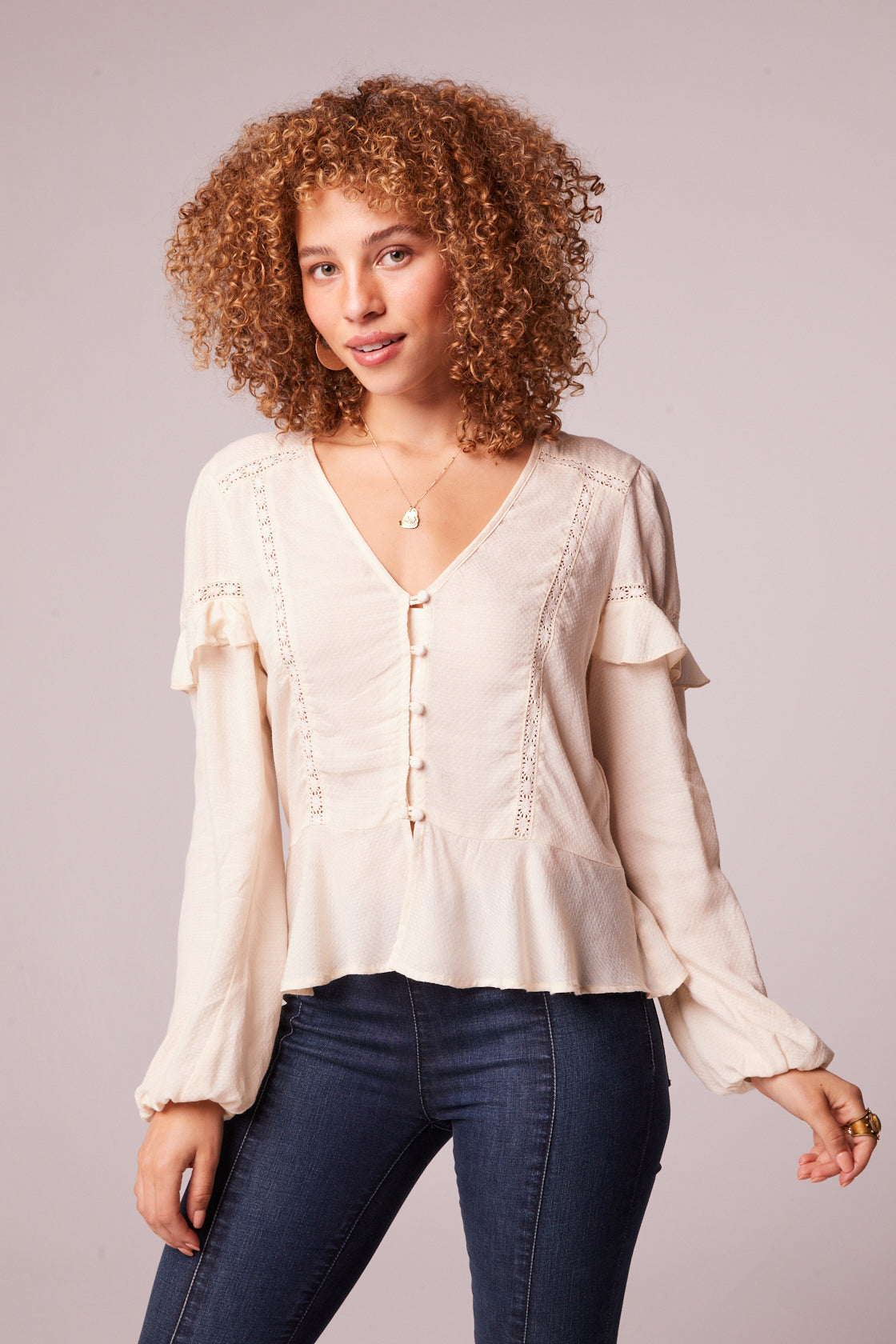 Sandy Cream Ruffle Long Sleeve Top Master