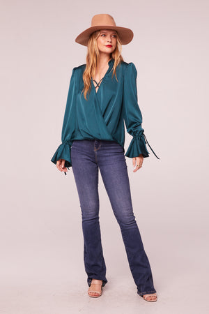 Sara Pine Satin Long Sleeve Top