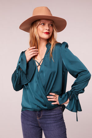 Sara Pine Satin Long Sleeve Top