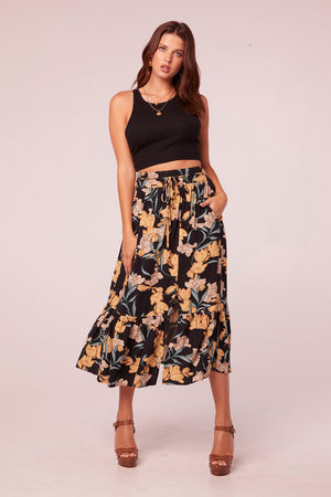 Saranya Black Floral Midi Skirt