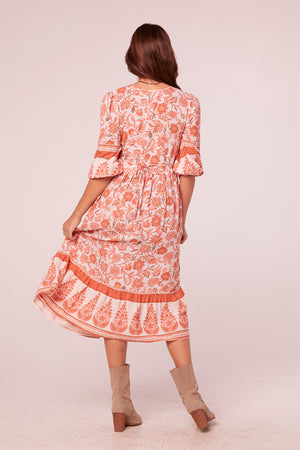Savara Salmon Floral Border Print Midi Dress