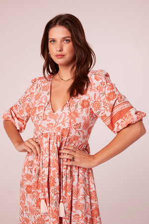 Savara Salmon Floral Border Print Midi Dress