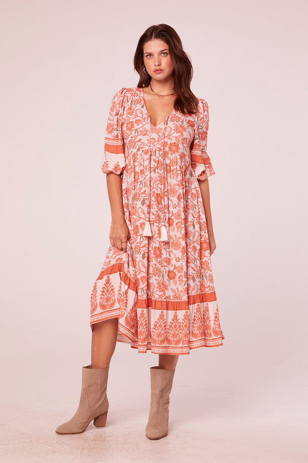 Savara Salmon Floral Border Print Midi Dress