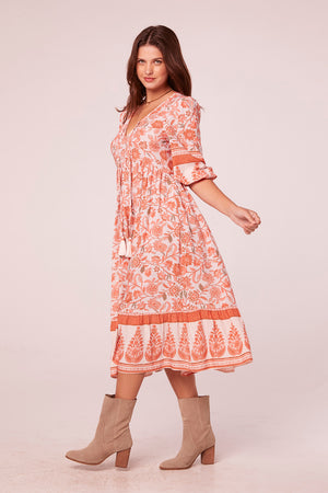 Savara Salmon Floral Border Print Midi Dress