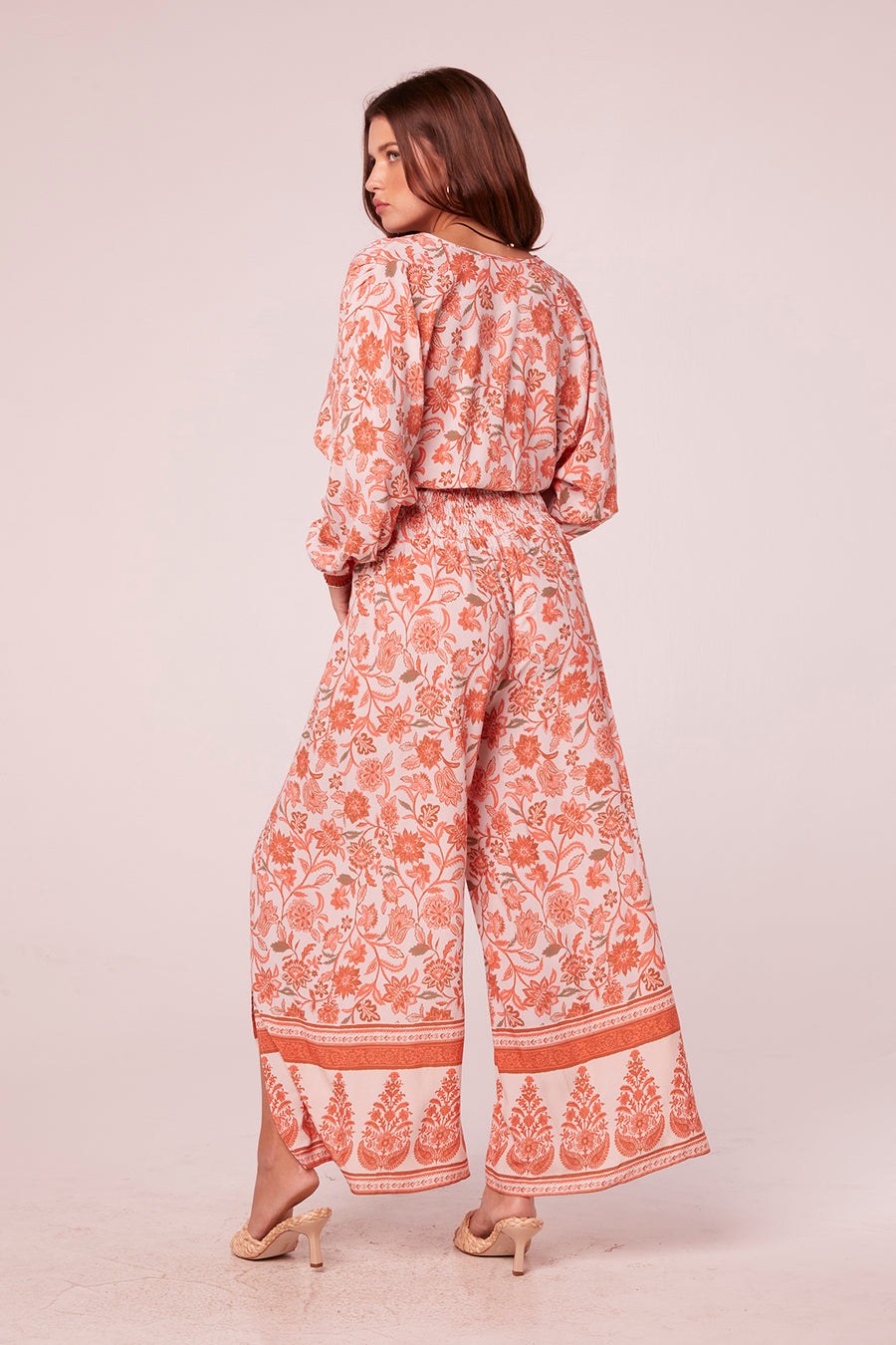Shaleena Salmon Floral Border Print Pants