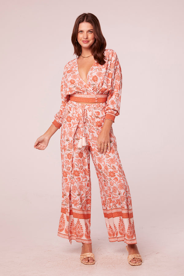 Shaleena Salmon Floral Border Print Pants