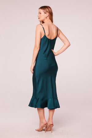 Singing Siren Pine Satin Slip Midi Dress